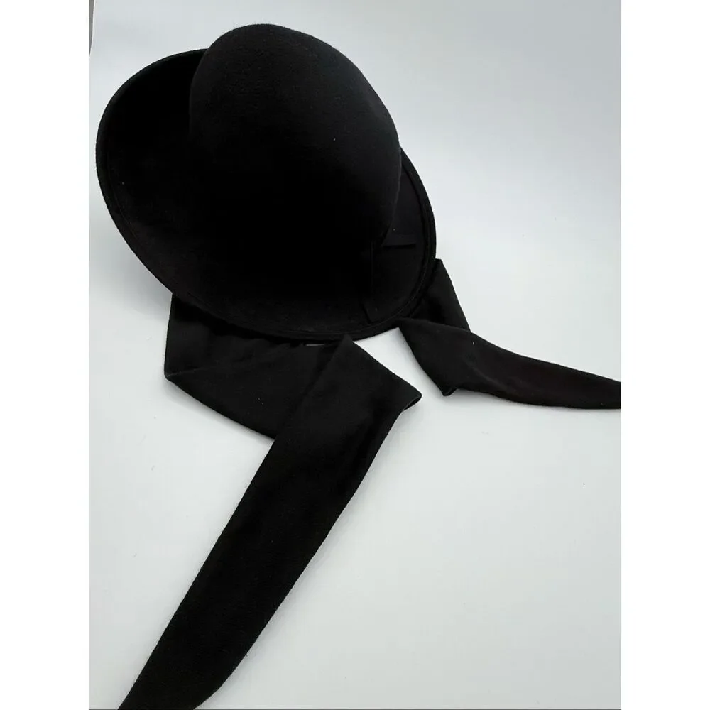 Vintage Black Wool Cloche Hat w/ Back Ribbon Ties | 1990s Y2K Women’s Felt Hat - Picture 3 of 11
